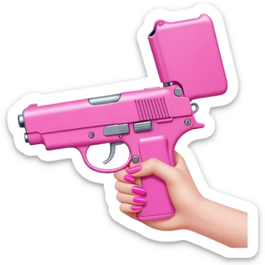 White girl hand with pink nails holding a pink gun sticker