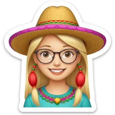 blonde girl with straight hair and glasses with a Mexican hat  sticker