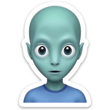 Portrait of an alien with smooth greenish-blue skin, large black oval eyes, small nose, and no visible ears, elongated head, front-facing, wearing t-shirt, soft glow, simple futuristic design sticker
