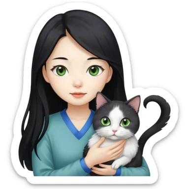 A pretty Korean woman with long black hair, white skin, holding a gray-lined green-eyed cat and a white blue-eyed blind chicken cat
 sticker
