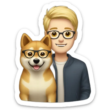 blond haired man with glasses holding a Shiba inu sticker