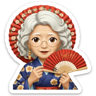 japanese culture old woman with white wavy hair and wrinkles holds a fan to cover her face sticker