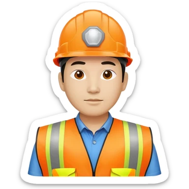 Chinese man wearing orange safety helmet and high visibility vest sticker