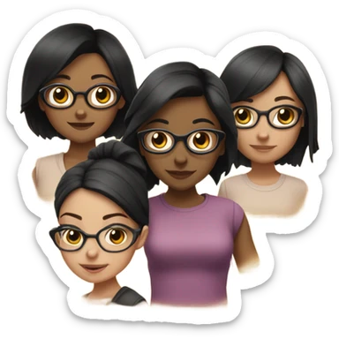 A group of 5 girls consisting of 3 girls with medium-length black hair including one wearing glasses and two dark brown-haired  sticker