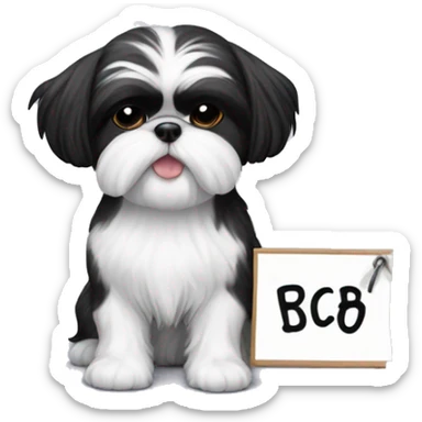 black and white shih tzu with a sign that says "boncc" sticker