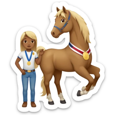 friendly anthropomorphised stallion in jeans and a t-shirt, standard pose, wearing a gold medal sticker