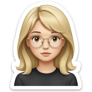 young adult woman with light skin, soft cheeks and round face, voluminous blonde-brown hair with slight waves and long bangs, large octagonal glasses with thin gold frame, dark casual shirt, calm and creative expression sticker