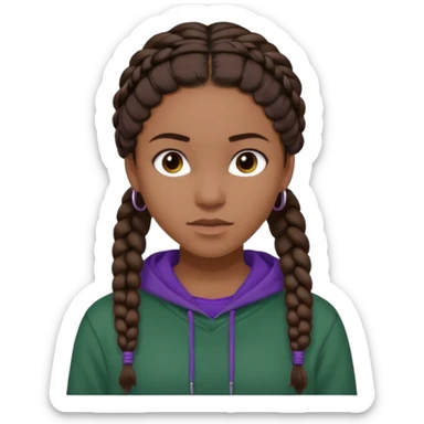 Black Annabeth chase as Leah Jeffries dark brown hair with braids dark green shirt with purple sweat shirt sticker