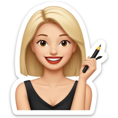 A pretty woman with straight hair and mascara and lipliner laughing with arms crossed holding neck laughing  sticker