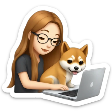 25 yo femake student with brown long hair typing on laptop with a shiba puppy next to her sticker