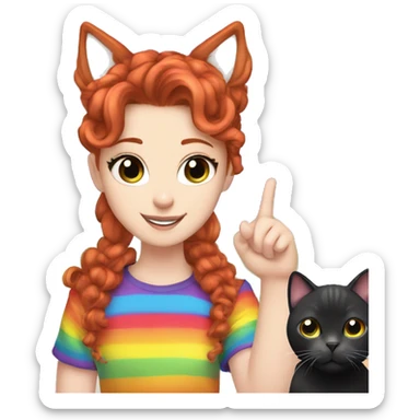 a white girl with long red curly hair in a pony tail with rainbow shirt does peace sign wearing cat ears one black other white sticker