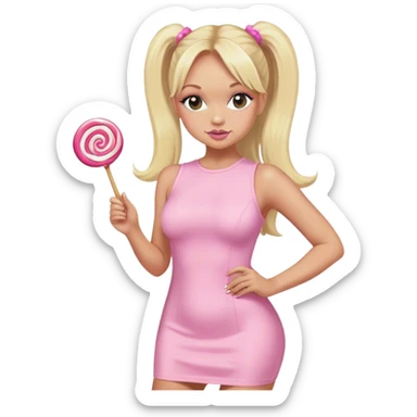 Emma Bunton with long blonde ponytails wearing light pink bodycon dress holding a lollipop sticker