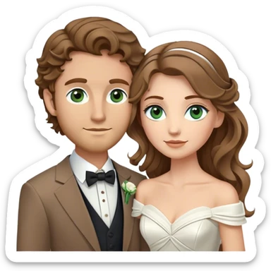 A bride and groom. Bride has brown hair with soft curls, has green eyes, wears an off shoulder dress. Groom has blond hair, has blue eyes, wears a brown suit with a brown vest and a bolo tie. sticker