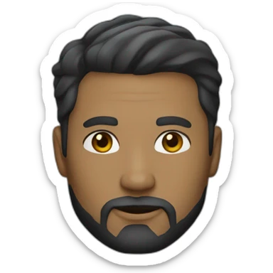 A 38 year old man, with gold skin, facial hair, black short hair and grey eyes, wearing a suit sticker