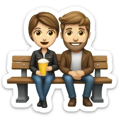 couple with white skin people and brown hair, sitting closely on a park bench, enjoying a romantic moment. One person is holding a croissant, and the other is holding a glass of Prosecco.  sticker