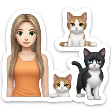 white girl with brown hair curtain bangs blue eyes holding 1 grey and white cat and 1 black and orange cat sticker