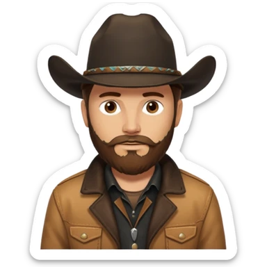 yellowstone ranch cowboy with brown beard, black cowboy hat, black t-shirt, leather tan jacket sticker