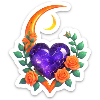 gothic heart made of gold glass, silver crescent moon, glowing orange roses, holographic stardust, neon purple lightning, wet and cracked glass sticker