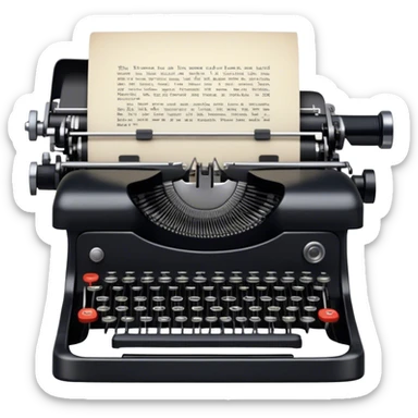 Create an emoji representing screenwriting. The design should feature an open script with visible dialogue and action lines, symbolizing the writing of a screenplay. Include a classic typewriter or a modern writing device, such as a laptop, to signify the process of creating a script. Add a cinema camera next to the script to emphasize the cinematic aspect of screenwriting. Use a professional color palette with black, white, and subtle metallic tones. Do not include any emojis or smiley faces. Make the background transparent. sticker