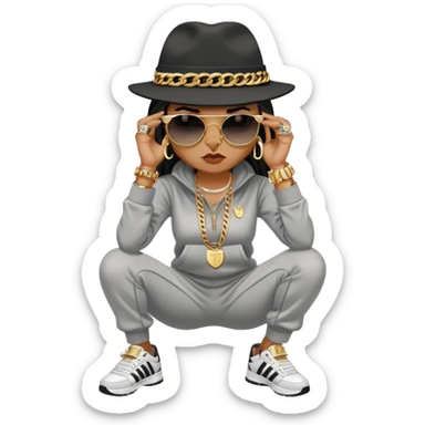 female cat wearing Run DMC hip-hop outfit with tracksuit, fedora, Adidas sneakers, dark sunglasses, many gold chains, rings, bracelets, flashy earrings, fallen down with worried expression sticker