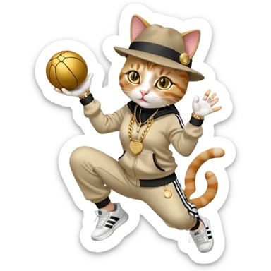 female cat wearing Run DMC hip-hop outfit with tracksuit, fedora, Adidas sneakers, many gold chains, rings, bracelets, flashy earrings, reaching up and catching a ball high in the air, no sunglasses sticker