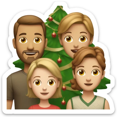 White Family in front of the Christmas tree. Man and boy with Brown hair, woman and kid with light Brown hair and a Little Girl with light red hair.  sticker