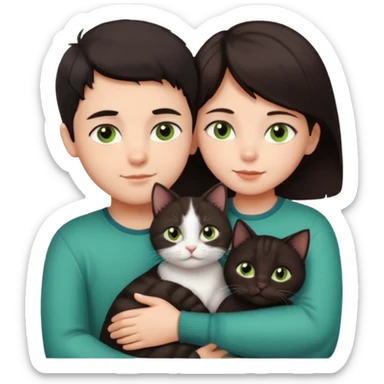 Crea un emoji donde salga un chico de pelo moreno con los ojos claros, una chica de pelo morena con los ojos marrones y UN gato europeo comun de pelaje oscuro y ojos verde claro, quiero que se esten abrazando el chico y la chica, y el gato este en el medio sticker