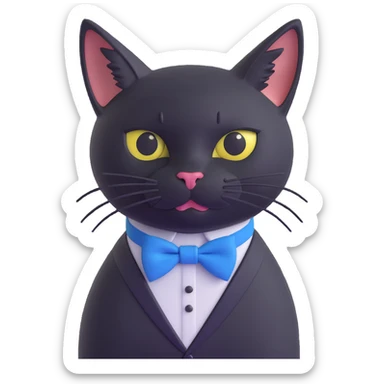 black cat with a blue bowtie collar, 3D style, realistic pose, detailed whiskers sticker
