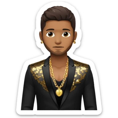 Usher with dark brown hair, black sequin suit jacket, shirtless with necklace sticker