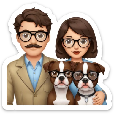 young hip fashionable cool couple wavy hair brunette man w wire glasses and mustache and brunette girl with bob and a brown pitbull boston terrier  sticker