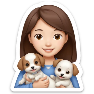 a asian japanese girl with brown hair and no bangs. she is holding a cute white puppy sticker