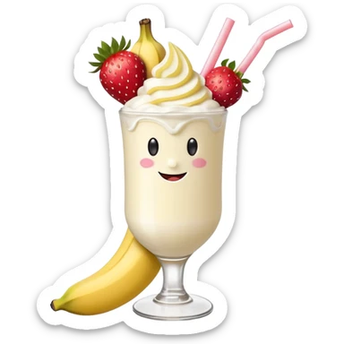 Milkshake vanilla with a banana sticking out of the milk shake it and two strawberries on both sides of the banana at the very tip of the banana, whipped cream and a smiley face one big banana coming out of milk shake sticker