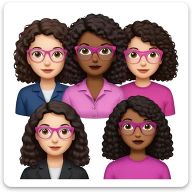 Una mujer con el cabello liso,negro,blanca y cara perfiladita otra con el pelo odulado medio crespito y blanca pelo marrón y otra con el pelo odulado medio liso morenita y con gafas rosada y por último otra Morena oscurita con el pelo rizado-crespo y gafas doradas  sticker