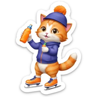 a cat holding a fanta bottle while skating in snow on his phone sticker