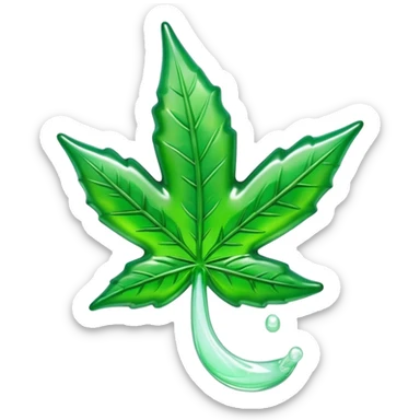 glossy green gusher gummy in the shape of a weed leaf with a bite taken out and liquid center visible sticker