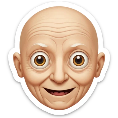 A bald person who’s very old is staring, head upright and looking at the camera with very wide eyes and a massive smile, in a very creepy way. sticker