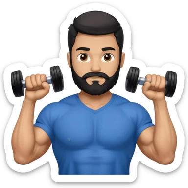generate an ios genmoji of a 20 year old tan boy with long long long black beard that reaches his chest. Big biceps. wearing a blue shirt that fits his arms and carrying a dumbbel sticker