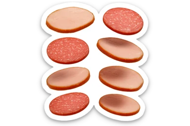 fettine di prosciutto cotto e di salame fluttuano in aria verticalmente, IPERREALISTICA 4K sticker