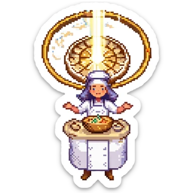 A divine baker surrounded by floating utensils, radiant ingredients, and a halo of light. The oven levitates, powered by pure energy. UI resembles clouds, golden rays, and ethereal scrolls—like a heavenly recipe interface. sticker