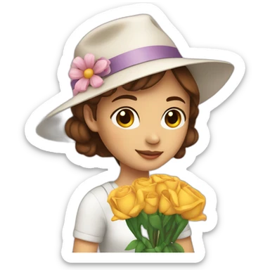 white skin, Girl with a hat, brown hair straight to the shoulders, holding a bouquet of flowers sticker