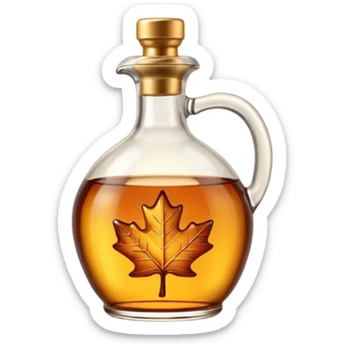 maple syrup bottle, iconic glass jug, amber syrup, rounded with handle, gold or dark screw cap, glossy, subtle reflections, 3D clean style, transparent background, optimized for emoji size sticker