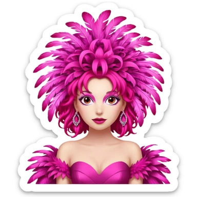 A vibrant woman with theatrical red ringlets and a massive pink feathered headpiece strikes a playful pose in an exaggerated, storybook-style hot pink gown. sticker