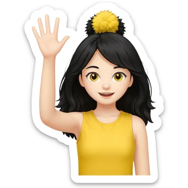 A long black hair teen girl waving pom-poms, eyes sparkling with excitement, yellow top sticker