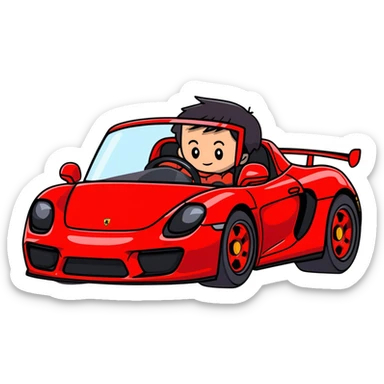 young gamer boy with black hair driving a Red Porsche carrera GT sticker