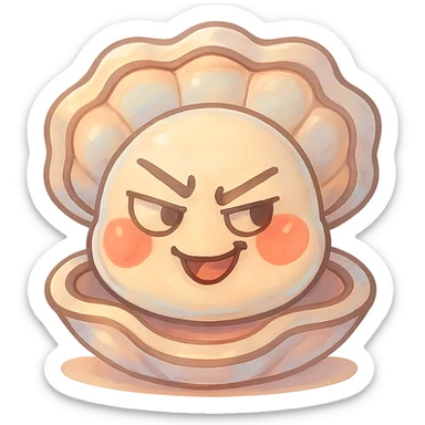Enhance the cute oyster by adding subtle pastel highlights, accentuating the cream, peach, and greige texture, giving the shell a pearly effect and more volume, making the red cheeks even more luminous and natural, while keeping the mischievous expression and transparent background. sticker