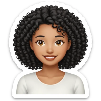 a young woman.She has voluminous, curly black hair long that frames her face beautifully. Her skin tone is black light and glowing, and she has a subtle, natural makeup look. She’s smiling softly at the camera. She is wearing a white top sticker