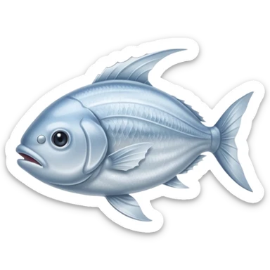 whole silver fish or fillet encased in a thin layer of frost, subtle ice crystals on the surface, slightly muted color tone, texture firm and chilled, clean defined contours, no packaging, tray, or garnish, soft lighting, subtle shadows, emoji scale sticker