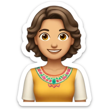 Xochitl Gálvez, mujer mexicana, cabello bob lacio, castaño claro, regordeta y con huipil, sonriente sticker