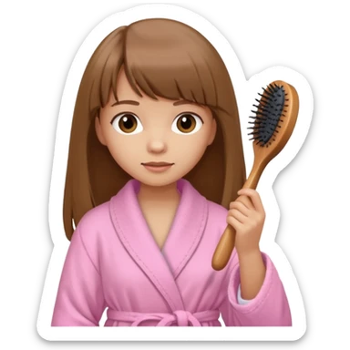 a girl with light skin and medium brown long hair with bangs who is brushing her hair with a hairbrush and she is wearing a light pink bathrobe sticker