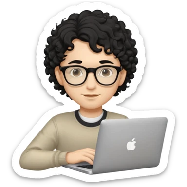 guy with wavy kinda curly black hair and light-to-medium skin tone like cream and glasses, with a macbook sticker